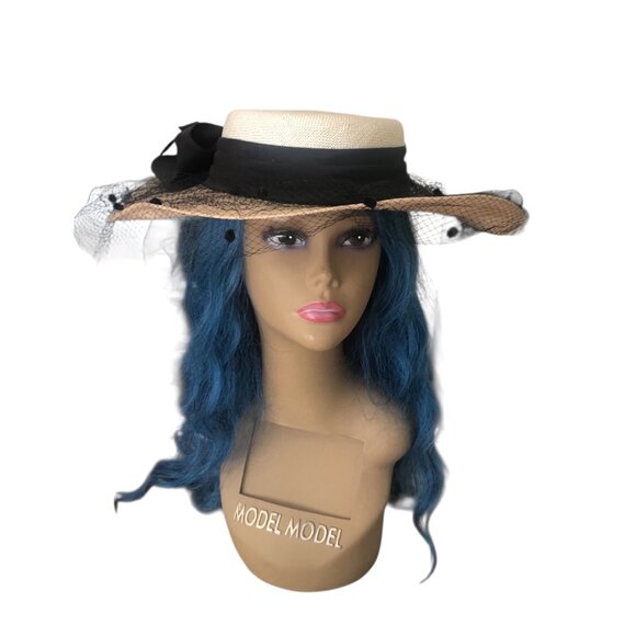 VNTG Theatrical Glamourous Flat Crown Veil Overlay Woven Straw-like Boater Hat main image 7